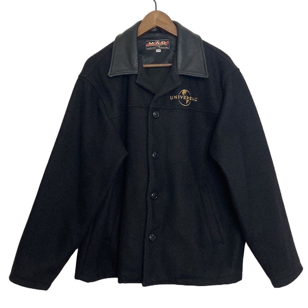 Vintage Wool Jacket Mens Medium Black Wool Leather Universal Pictures Logo